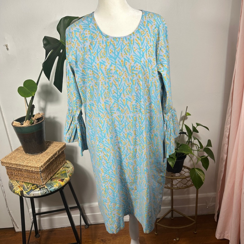 Roller Rabbit Blue Yellow Floral Bell Sleeve Shift Dress Women's Large